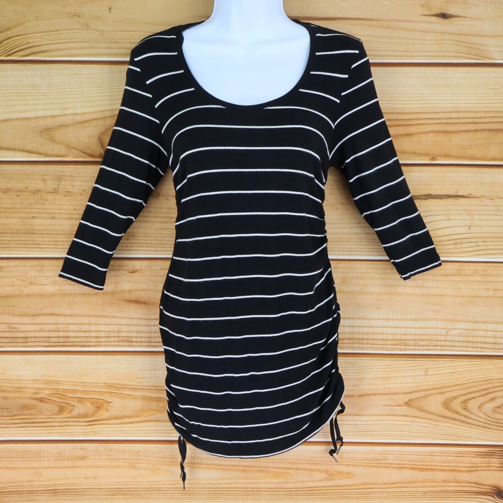 H&M Maternity Shirt Womens Sz S Black Striped 3/4 Sleeves Ruched Side Ties Mama